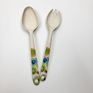 Bamboo Fiber Salad "Fork and Spoon" Serving Set with Floral Design